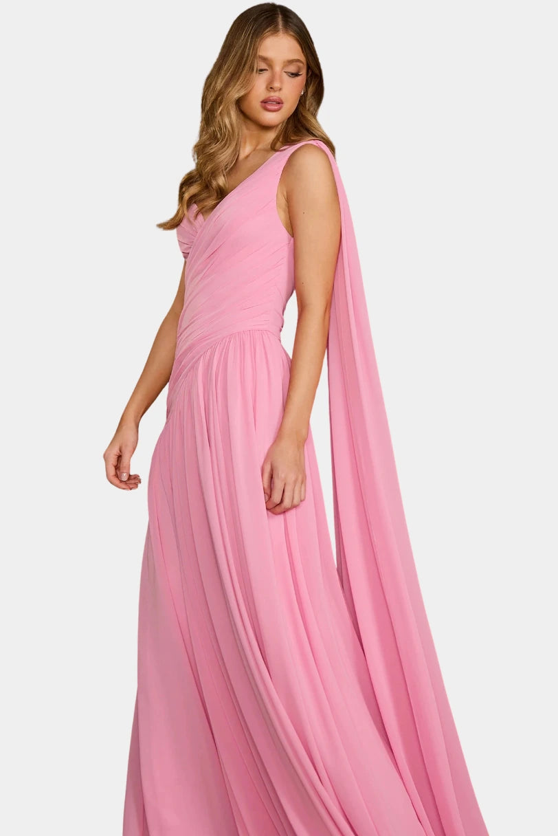 Vestido Longo Izabel Drapeado Fabulous rosa em vista lateral com saia ampla e faixa fluida