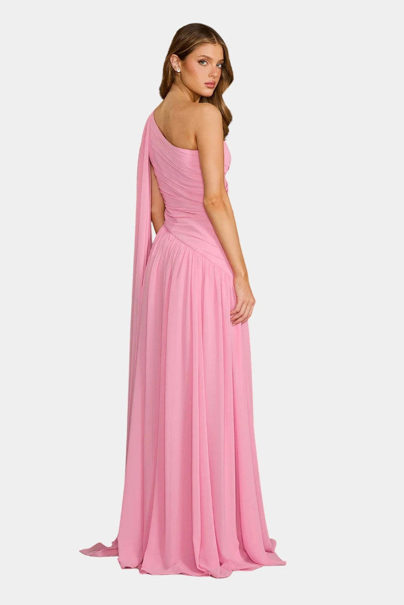Vestido Longo Izabel Drapeado Fabulous rosa visto de costas com faixa longa descendo pelas costas