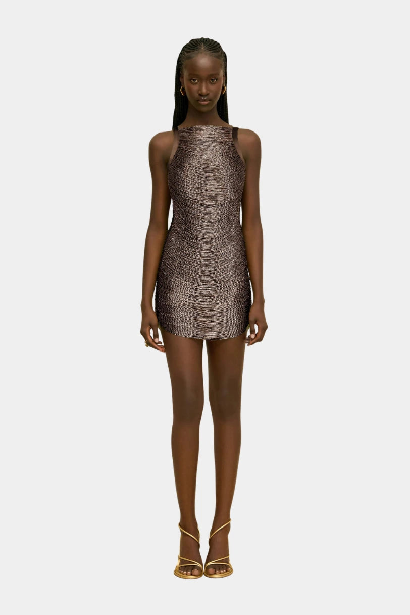 Vestido Curto Madison Cult Gaia marrom com franjas de contas de vidro