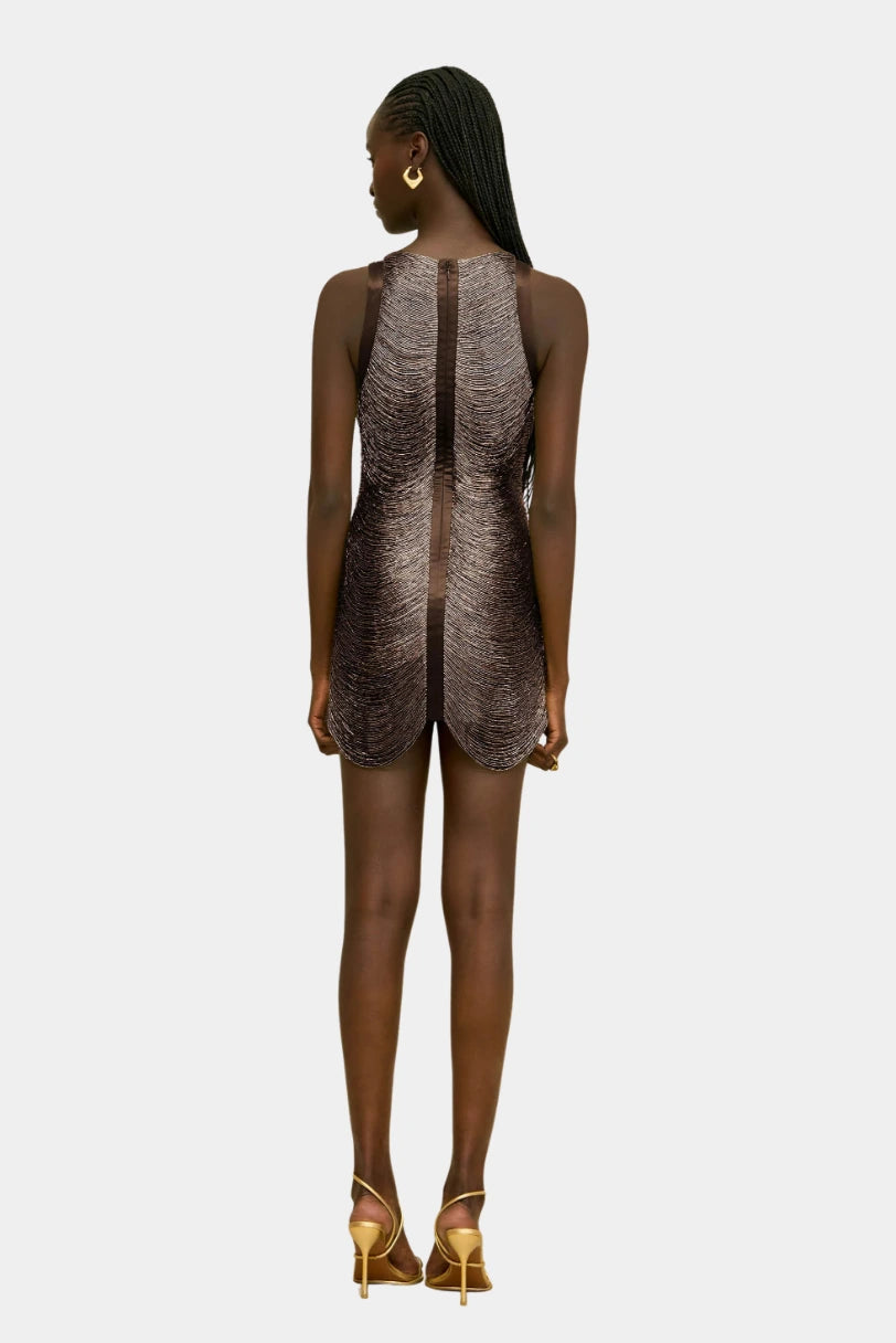 Costas do Vestido Madison Cult Gaia marrom com franjas de contas
