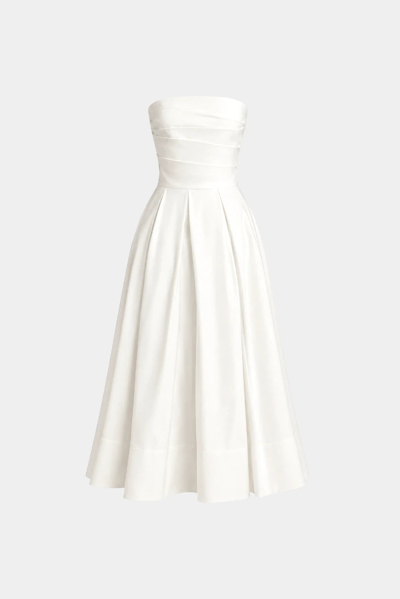 Vestido Midi Lucy Acetinado Fabulous off white tomara que caia com saia ampla