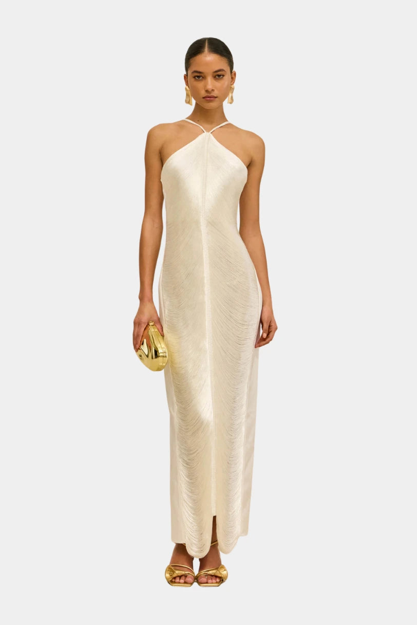 Vestido Longo Franjas Renata Cult Gaia off white com decote halter e franjas