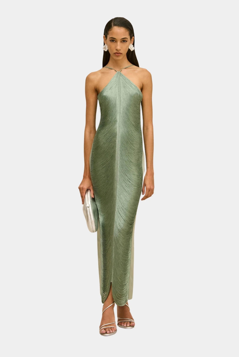 Vestido Longo Franjas Renata Cult Gaia verde menta com decote halter e franjas